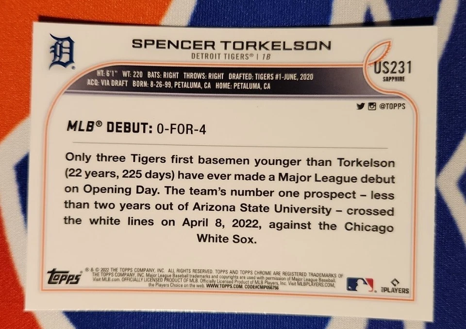 2022 Topps Chrome Update Sapphire Spencer Torkelson Rookie RC #231 Tigers - Image 2 of 2