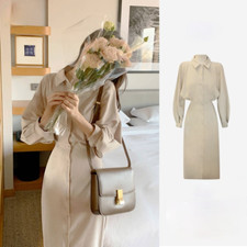 Women Button Down Shirt Dress Lapel Lantern Sleeve Maxi Dress Loose Korean