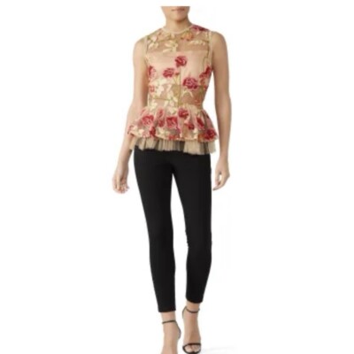 VONE Embroidered Floral Sleeveless Sheer Lelan Peplum Blouse SZ. 6