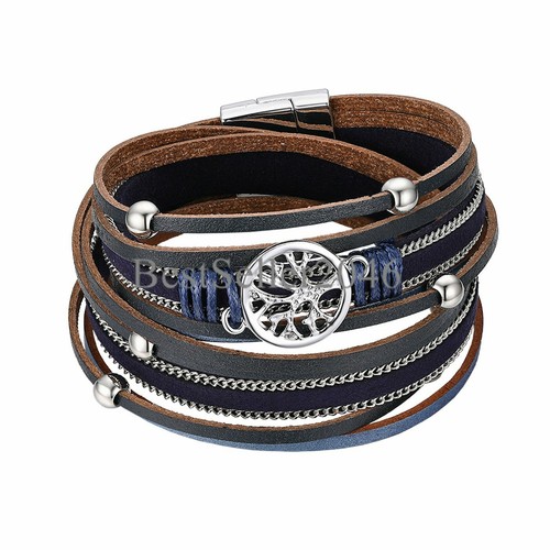 Tree of Life Boho Multilayer Leather Wide Wrap Cuff Braided Magnetic Bracelet - Picture 20 of 23