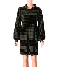 Striped Cowl Neck Dress L Black & White Long Fit & Flare Sleeve Stretch