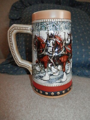Vintage 1988 Budweiser Anheuser Busch Beer Stein Mug Clydesdales Holiday 