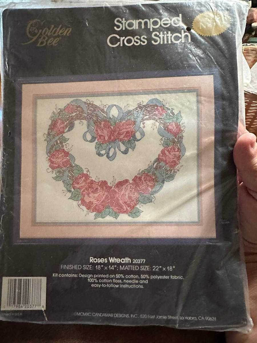 Golden Bee ROSES WREATH Stamped Cross Stitch kit #20377 18 x