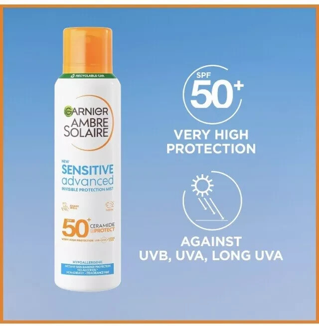 Garnier Ambre Solaire SPF 50+ Sensitive Advanced Dry Mist Sunscreen Spray 150ml