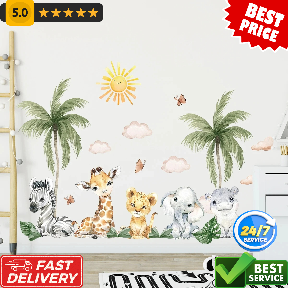 Safari Jungle Animal Wall Decals for Kids Rooms Featuring Lion Elephant Monkey Tree Stickers