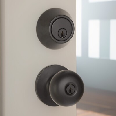 Exterior door handle combination set with lock and latch, round, matt black
