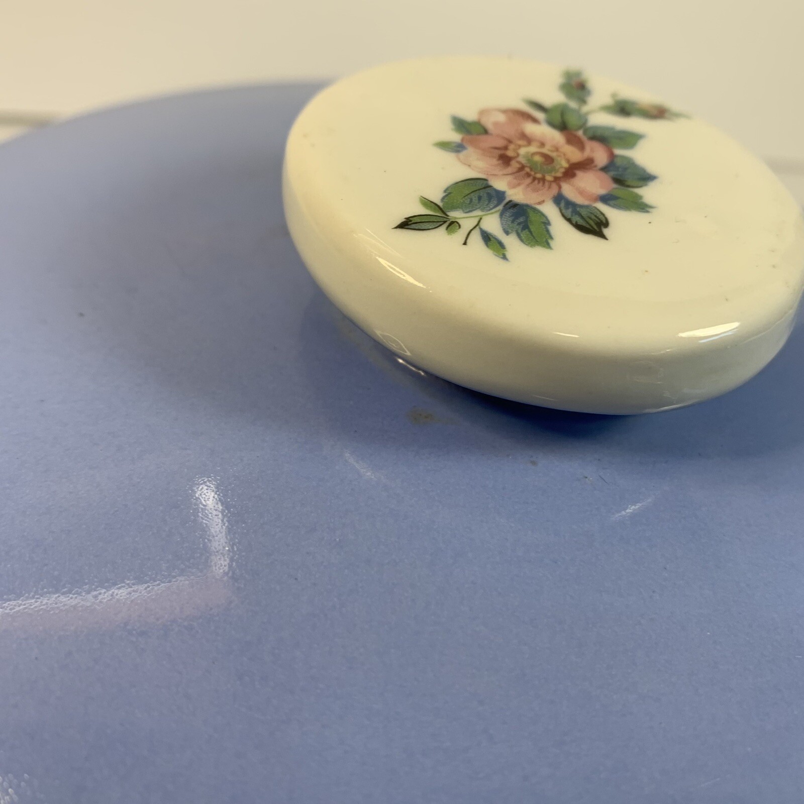 Vintage Hall China Co Kitchenware Handled Blue Casserole in Rose Parade with Lid