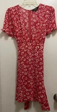 Lulus Garden Explorer Red Floral Print Mini Dress Long V Cut  Belted Sz S