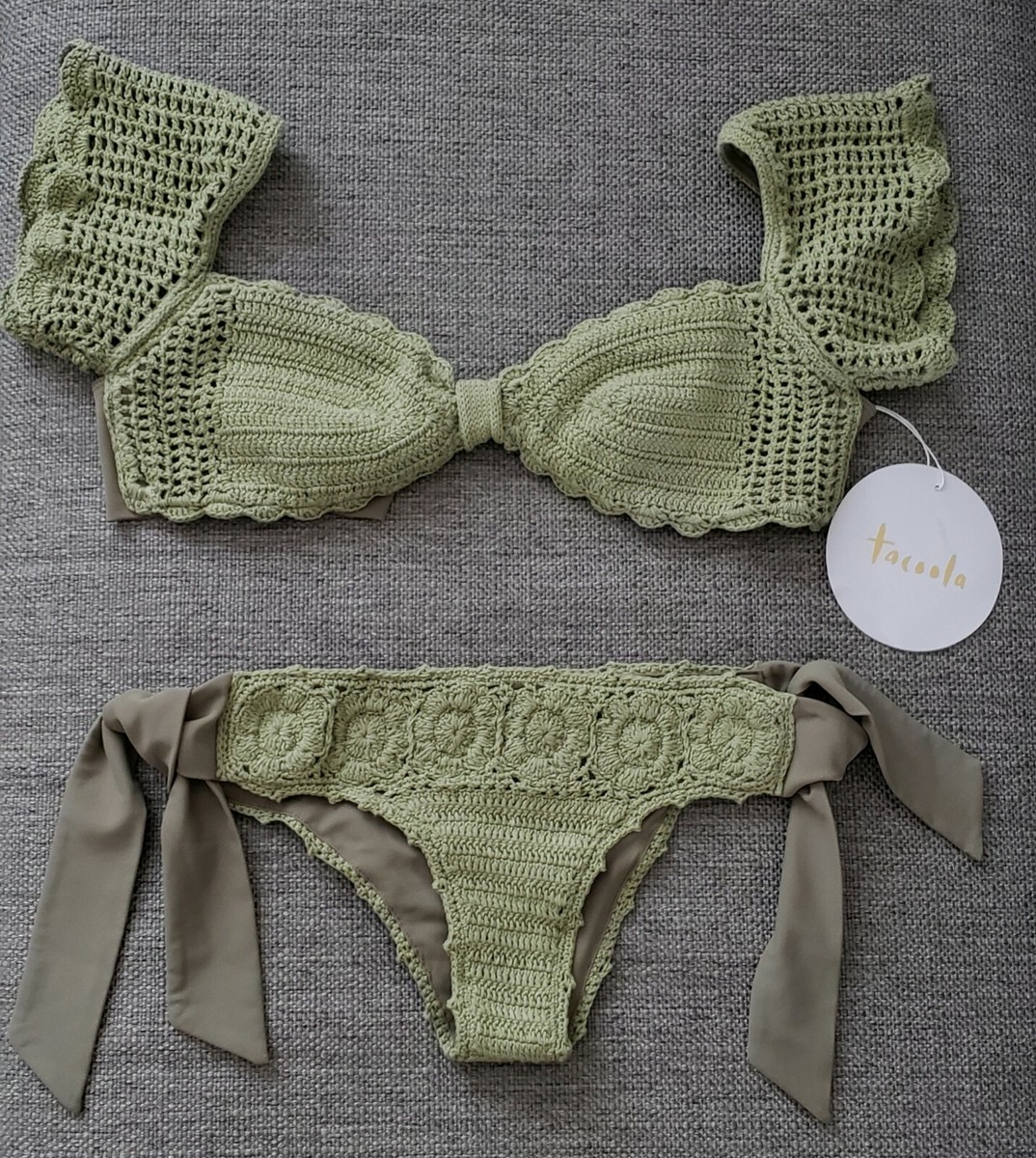 2-Pc Tacoola Crochet Vintage Swim Top and Tie Side Bottom, Green