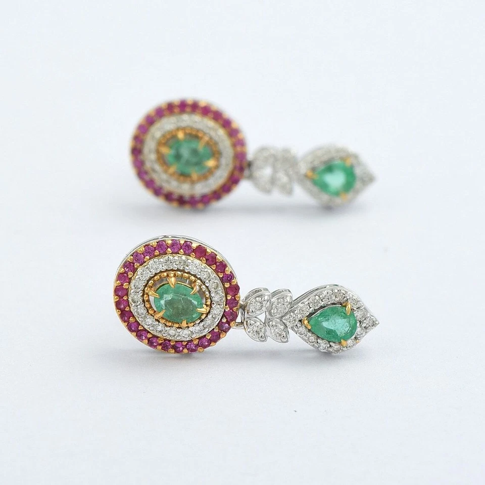 2.50 Ct Emerald & Natural Diamond Drop Earrings 14K Solid Multi-Tone Gold - Image 3 of 4