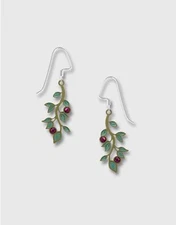 Lemon Tree Branch Earrings Green Leaves Purple Berries Sterling Silver Hook