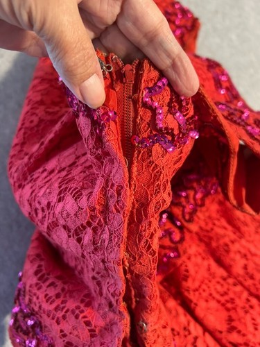 Vintage Cocktail Dress 1940's Red Lace With Sequins 3 Layer Skirt Prom 90s - Picture 11 of 11