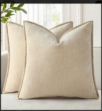 2 Throw Pillow Covers 24"x24" Soft Beige Chenille stitched edge sham