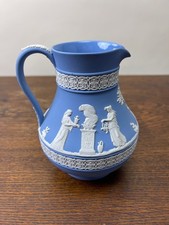 Antique Wedgwood Jasperware Blue Cream Pitcher Jug White Relief Made in England