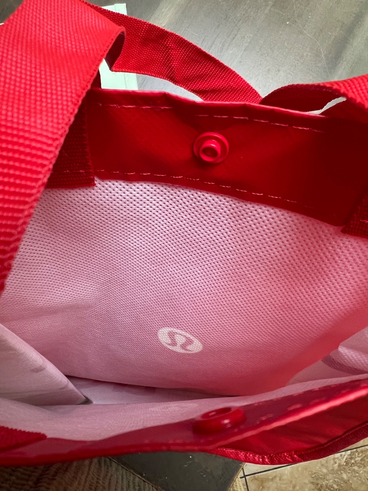 NEW TWO LULULEMON SMALL, SHOPPING TOTE, BAG, MINT GREEN & RED, REUSABLE image 9