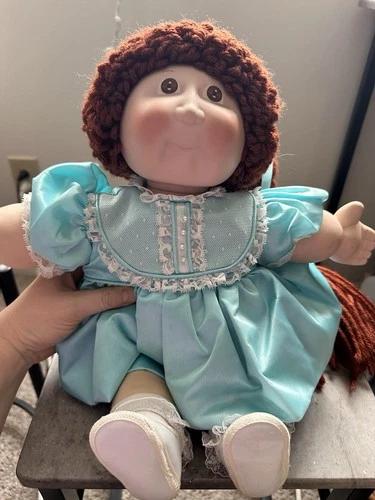Vintage Cabbage Patch Kids Porcelain Doll red brown braid hair blue dress 1985