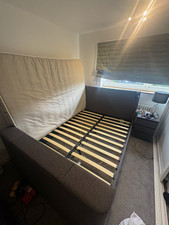 Grey Upholstered Double Bed Frame with Slatted Base & 100cm Headboard