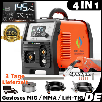 MIG-Schweißgerät 145A 4-in-1   Gasloser Fülldraht LED-Display Synergie-Steuerung