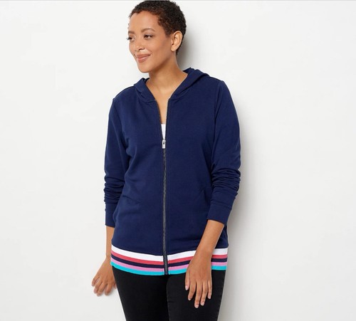Sport Savvy French Terry Hooded Jacket With Stripe Rib Trim Size S Blue NEW
