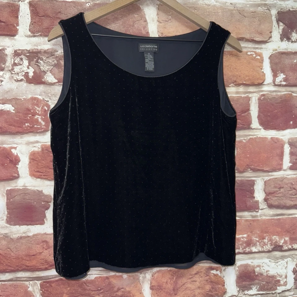 Camiseta sin mangas Liz Claiborne de colección para mujer 12 negra a lunares mezcla de seda terciopelo Foto 2 de 4