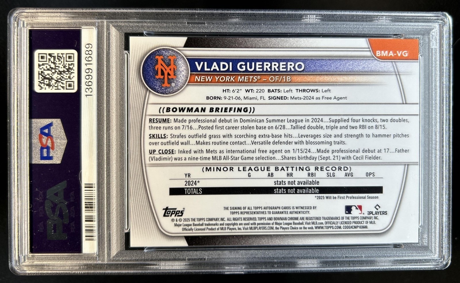 2025 Bowman Vladi Guerrero Chrome Prospect Auto Mega Box Refractor #BMA-VG PSA 8 view 2