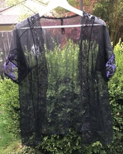 Nan Flower Black Purple Lace Sheer Cardigan Robe Short Sleeve USA 100% Nylon M