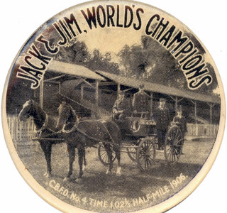 Antique Fire Fighting 1906 HORSES: "JACK & JIM" WORLD'S CHAMPIONS 1.75" Pinback