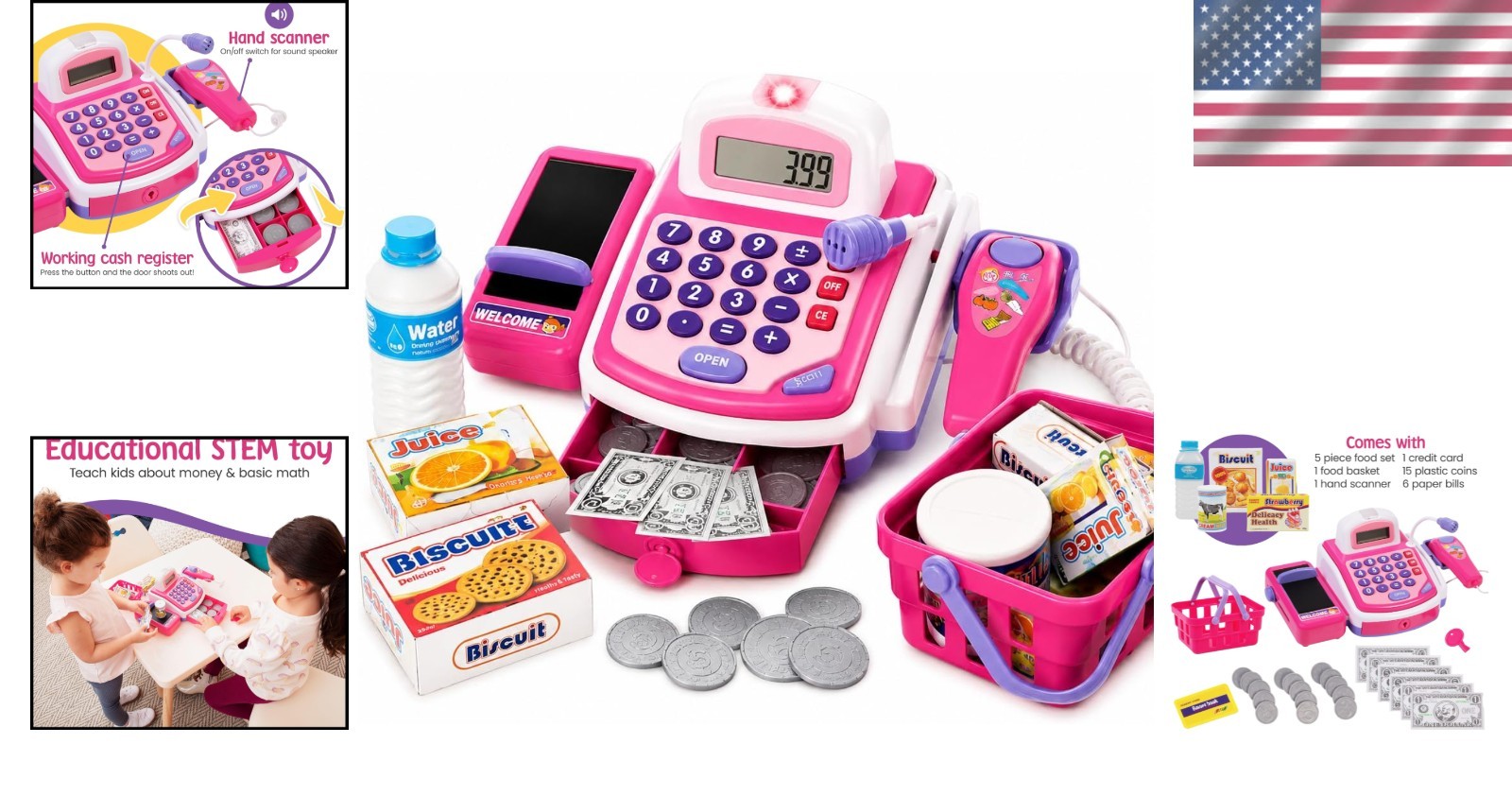 как выглядит Pink Toy Cash Register with Food Basket - Kids Pretend Play фото