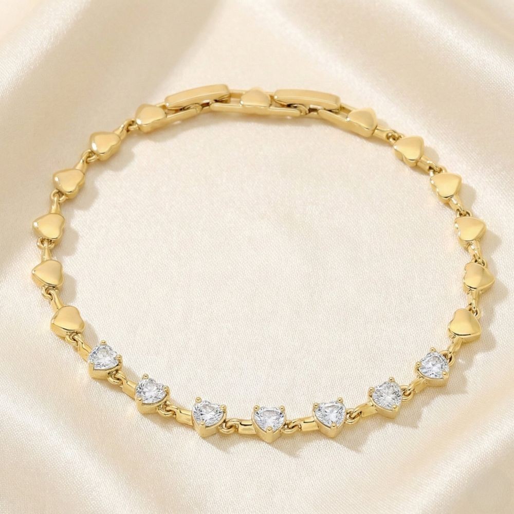 Bracelet Cœurs pour Femme en Plaqué Or 750/1000 - Bijou Tendance en Zircons de 19 cm