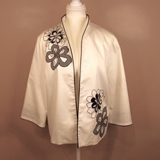 VTG Alfred Dunner Open Front Lt Weight Blazer Black  White Floral sz 10P FREE S