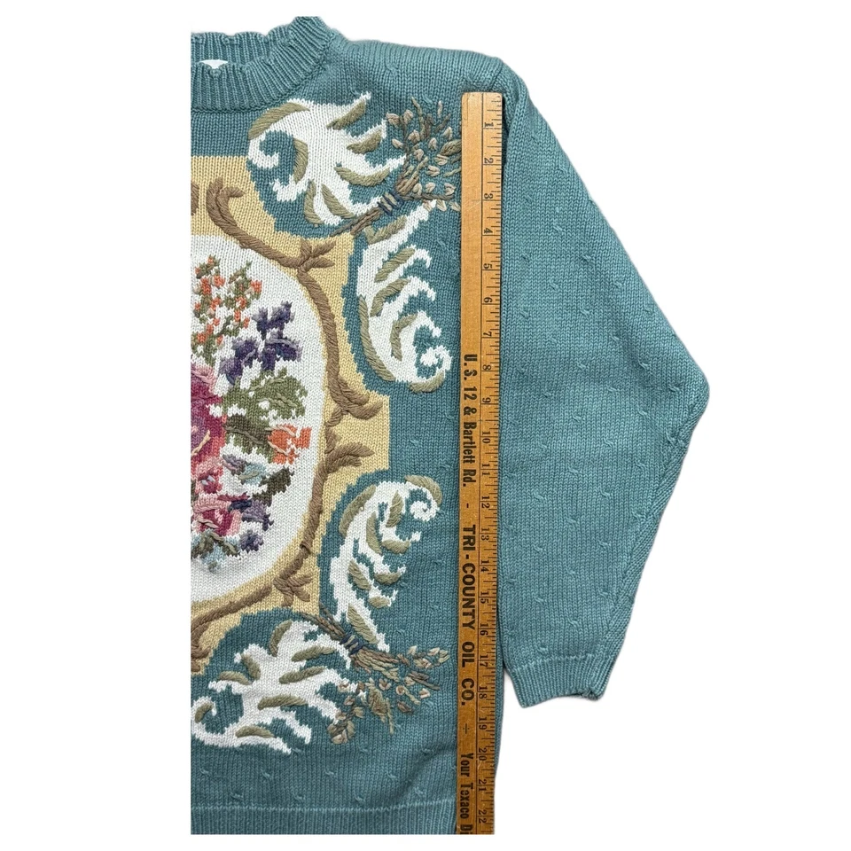 复古 90 年代休闲转角挂毯毛衣 S 刺绣花卉蓝绿色拉米丝绸针织 — 第 4/4 张图片