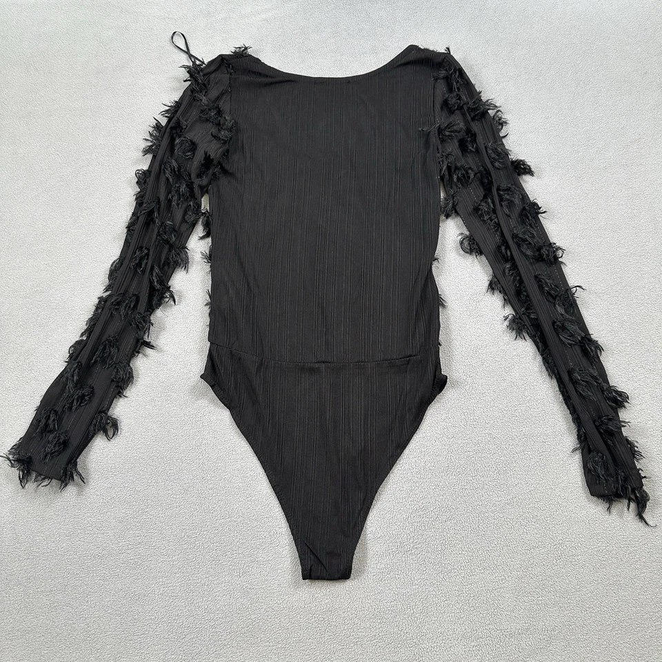 Bodysuit Zara S Feminino Preto Pena Embelezado Manga Longa Contorno Esculpido Novo sem etiquetas - Imagem 2 de 4