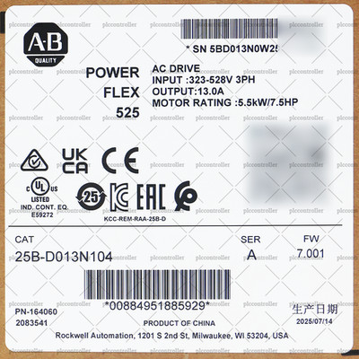 New Sealed Allen-Bradley 25B-D013N104 PowerFlex 525 5.5kW 7.5Hp AC Drive 3Phase