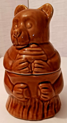 Brown Vintage Ceramic Honey Bear Sitting On Log Clutching Bee Hive Lidded Pot