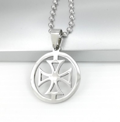 Silver Stainless Steel Round Templar Cross Pearl Pendant 24/" 60cm Chain Necklace