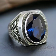 Blue Sapphire Gemstone With 925 Sterling Silver Ring For Men's #AL382