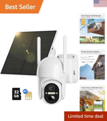 4G LTE Cellular Security Camera Outdoor Includes SD&SIM Card, Solar Powered, ...