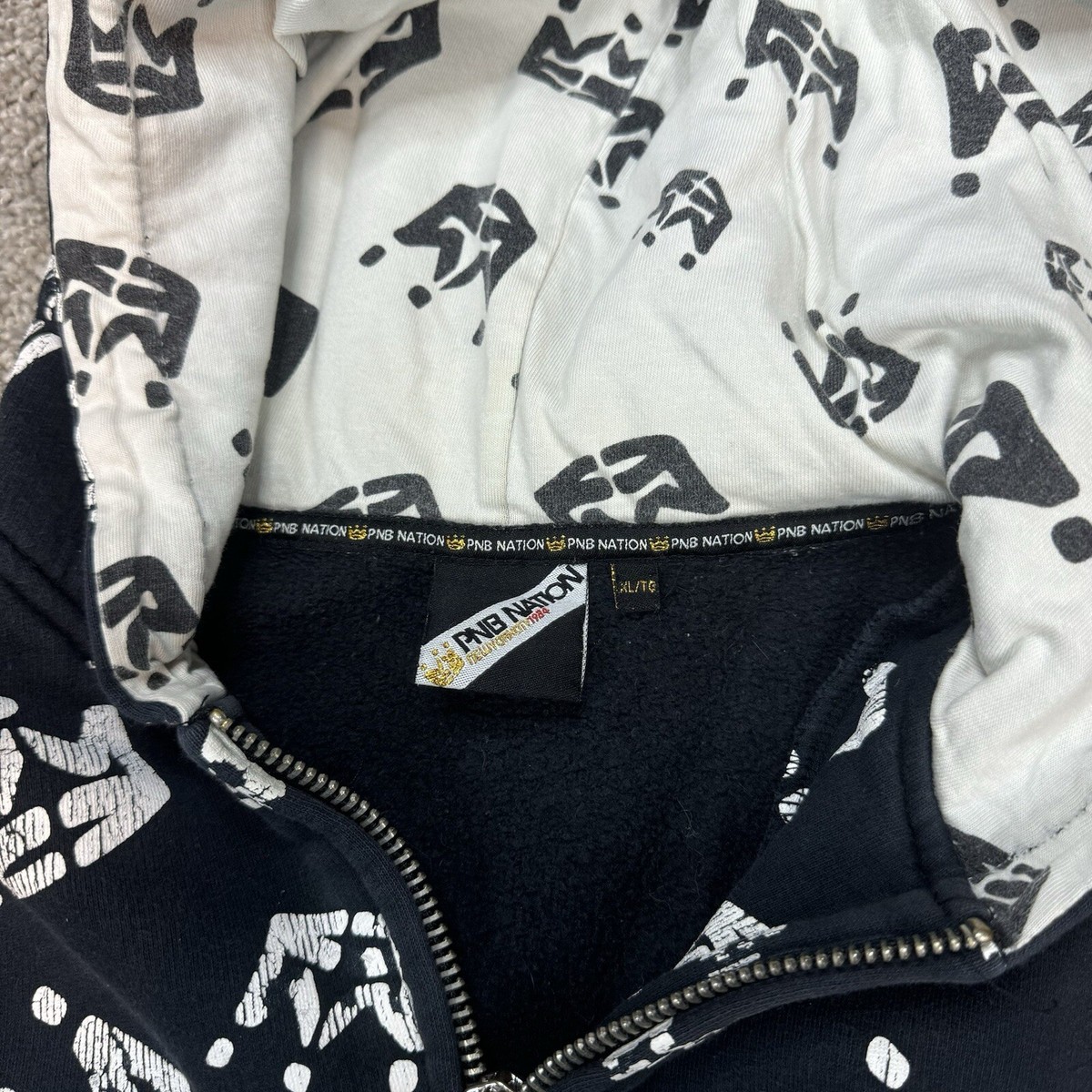 90s Y2K PNB NATION モッズコート スウェード 黒 XL VTG Y2K PNB Nation Zip Up Hoodie Mens XL All Over Print