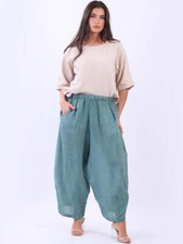 Made In Italy Plain Linen Slouchy Pants Casual Summer Loose Fit Trouser One Size