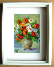 Poppies in vase Frame Original Oil Painting Wall art Wall Decor Canvas 4x6 inch