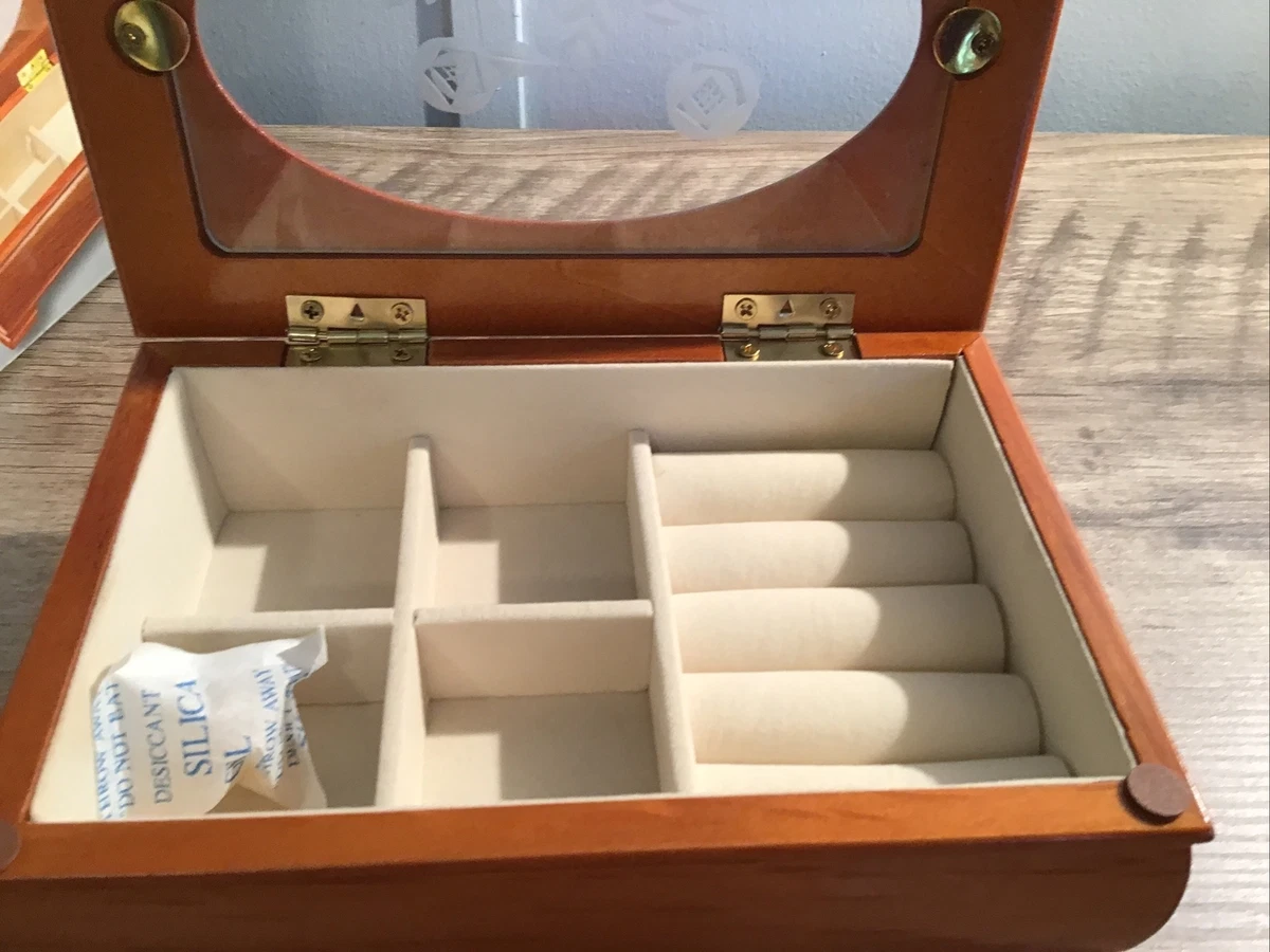 VINTAGE Ladies Jewelry Box Oak Finish Etched Glass Lid With Mirror By Kmart