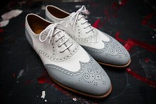 Handmade Men's Leather Oxfords White Gray Oxford Medallion Toe Party Shoes-737