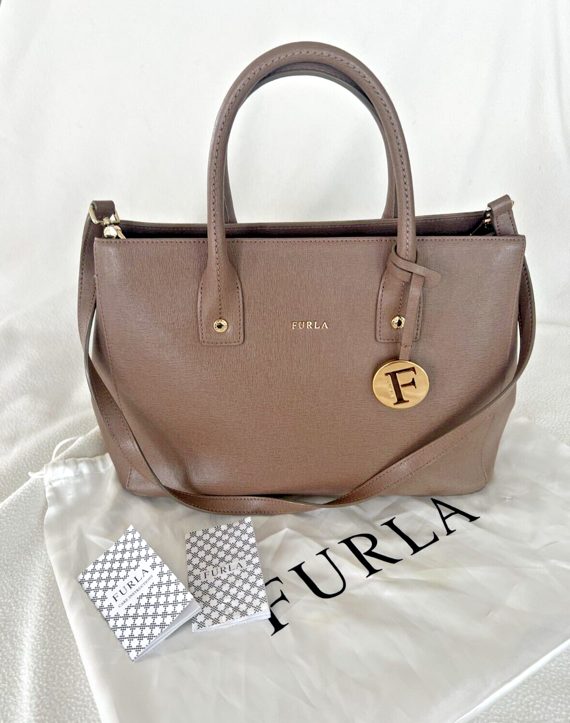 FURLA  Moonstone Gray Leather Saffiano Tote Bag w/ Shoulder strap