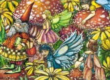 ACEO ATC gnome fairy faeries floral botany mushrooms Original Print By cgb30