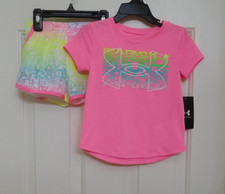 NWT 2pc Under Armour Pink Top Logo Print Shorts sz 24 Months