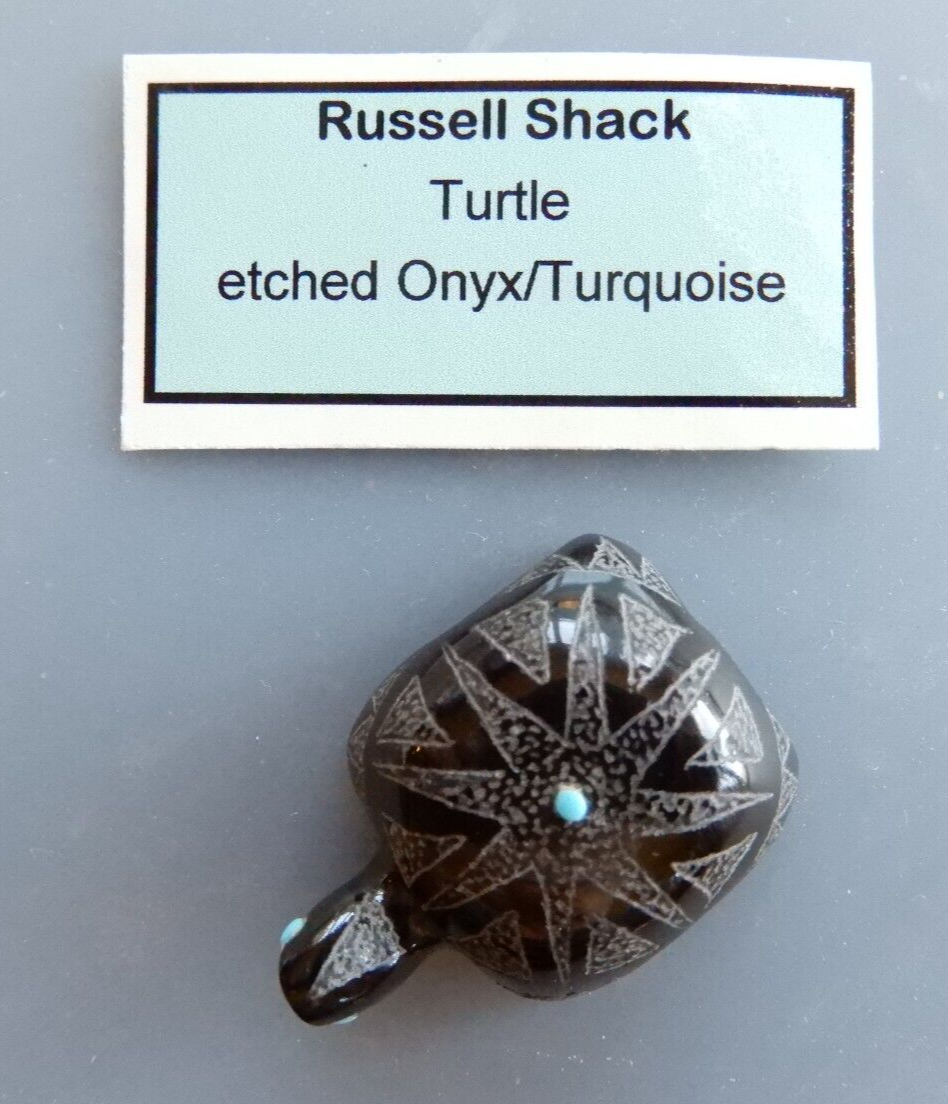 Zuni Turtle Fetish Carved & Etched Black Marble + Turquoise 1 1/4
