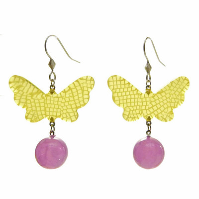 Ohrringe GELBER SCHMETTERLING und Perle VIOLETT durchscheinend Pop Geschenkidee