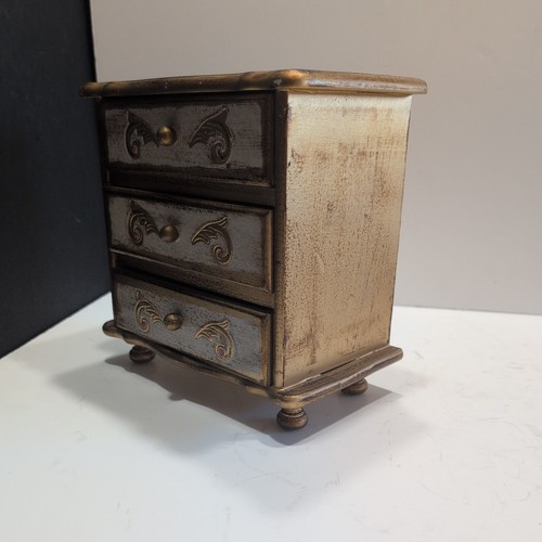 Vintage Wooden Florentine Musical Jewelry Box Dresser 3 Drawers - Picture 2 of 14