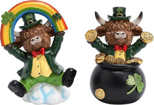 St Patricks Day Decorations for Home, 2Pcs Highland Cow Decor with Shamrock Pot