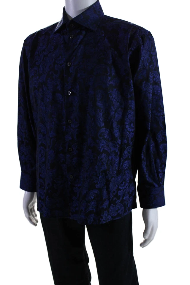 Camisa de vestir floral con cuello frontal con botones DUCHAMP para hombre azul negro talla 17,5 Foto 2 de 4